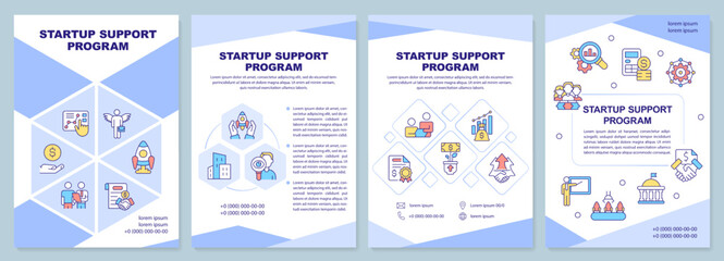 Fototapeta na wymiar Startup support program purple brochure template. Leaflet design with linear icons. Editable 4 vector layouts for presentation, annual reports. Arial-Black, Myriad Pro-Regular fonts used