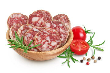 Cured salami sausage in wooden bowl isolated on white background. Italian cuisine with full depth of field - obrazy, fototapety, plakaty