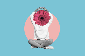 Collage image of girl sitting floor black white gamma hands showing heart gesture flower instead...