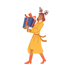 Woman in winter cloth with Christmas gift box in hands, vector flat cartoon