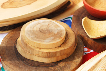 Various wooden products on the counter in the market