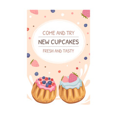 Invitation card with pastry. Loaves of bread, muffins, birthday cupcakes vector illustration. Holiday and dessert concept for announcement poster and party flyer