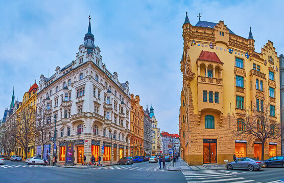 Historic mansions on Parizska Street, on March 6 in Prague, Czech Republic