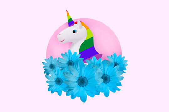 Composite collage picture of miniature unicorn blue flowers isolated on drawing creative background