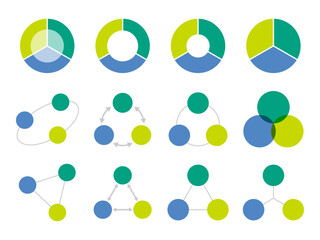青と緑と黄緑の3つまたは3分割円のチャートのグラッフィック素材セット/白背景