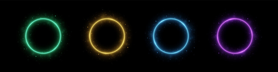 Colorful neon frames with lights effects. Abstraction neon glowing circles on dark background. Set of colored buttons.