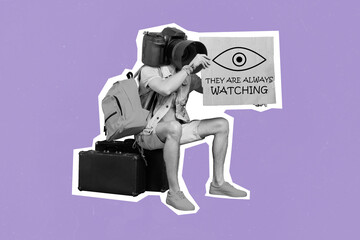 Collage photo of sitting surrealistic guy camera head paparazzi showing poster sitting suitcase...