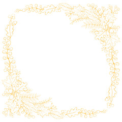 Vector light frame of autumn leaves, acorns, berries. Background, border, corner decoration elements. Orange outline on white background. Theme is forest, happy fall, thanksgiving