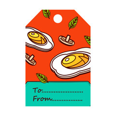 Special tag designs with burger. Sliced ingredients, sauce and fried egg on colorful background. Unhealthy meal and nutrition concept. Template for greeting label or invitation card