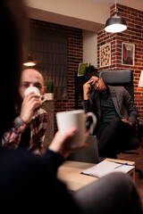 Stressed psychotherapist listening to marriage problems at couple therapy, doing psychoanalysis for relationship support. Feeling frustrated about partners arguing, giving counseling advice.