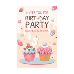 Card with sweets. Ice cream, macaroons, birthday cupcakes vector illustration with text, time, date. Celebration and dessert concept for flyer and announcement poster design