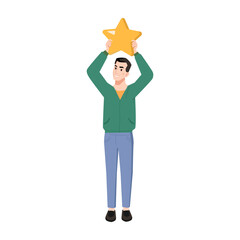 Fototapeta na wymiar Feedback concept, man holding star in hand isolated flat cartoon character. Vector customer rating, client review, comment on opinion, result or experience, rate