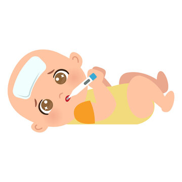 Little baby lying down sick with fever. Flat vector cartoon design