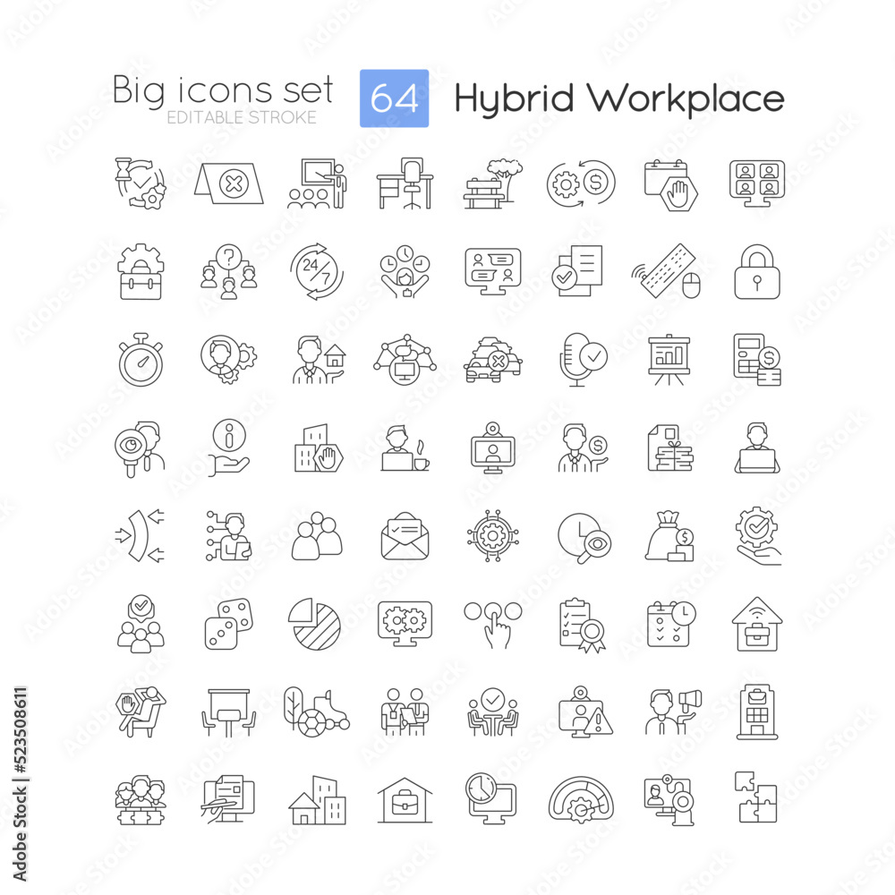 Poster hybrid workplace linear icons set. telework and in office schedule. customizable thin line symbols. 