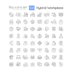 Hybrid workplace linear icons set. Telework and in office schedule. Customizable thin line symbols. Isolated vector outline illustrations. Editable stroke. Quicksand-Light font used - obrazy, fototapety, plakaty
