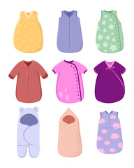 Cute sleeping bags for babies vector illustrations set. Collection of comfortable clothes for newborn children isolated on white background. Childhood, clothing, textile, bedtime concept