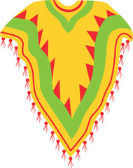 Cartoon Mexican poncho, vector traditional clothes of Mexico, decorated with bright ethnic pattern of colorful stripes, floral ornaments and fringes. Mexican poncho or serape, festive garment design