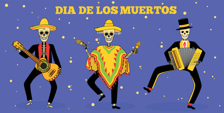 Day of the dead, Dia de los moertos, banner with colorful Mexican flowers. Vector skeleton skull in sombrero. Smiling sugar festive skull. Poncho, maracas. Mexico