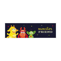 Banner design for event. Modern promotional flyer with funny beast characters. Celebration and monster party concept. Template for poster, promotion or web design
