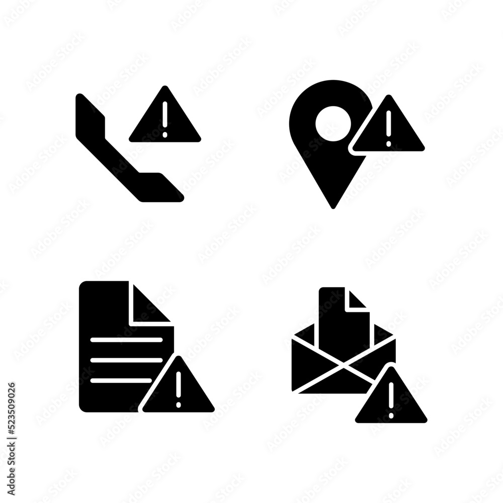 Poster communication problems black glyph icons set on white space. document is not sent. calling error. me