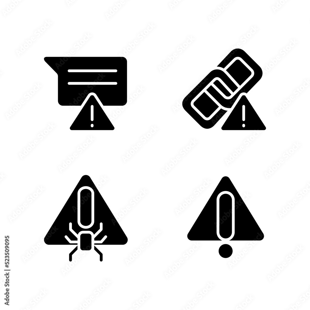 Poster computer problems black glyph icons set on white space. virus danger. warning signal. hyperlink issu