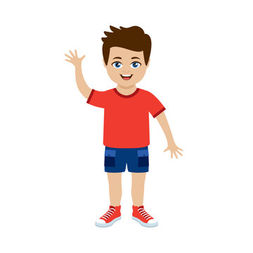 Cute happy little boy in a red shirt icon vector. Adorable stylish little kid boy in red sneakers icon isolated on a white background. Smiling boy in blue shorts drawing