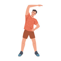Cartoon person training stretching hand aside, yoga fitness classes. Vector flat cartoon personage doing sport exercises, sportsman training workout. Healthy lifestyle wellness wellbeing