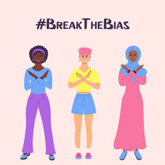 Fototapeta na wymiar Group of women of different ethnic group and skin color cross their arms in protest. #BreakTheBias. Women's Movement against discrimination, inequality, stereotypes.