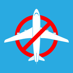 Naklejka premium Airplane icon in prohibition sign. The ban or stop on flying in the sky. No fly