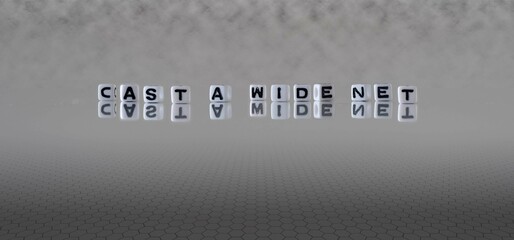 cast a wide net word or concept represented by black and white letter cubes on a grey horizon...