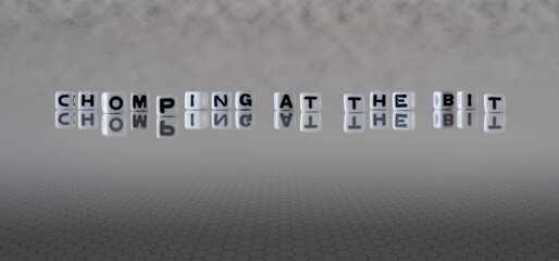 chomping at the bit word or concept represented by black and white letter cubes on a grey horizon...
