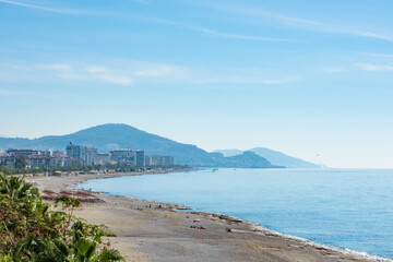 Coast of the Mediterranean Sea near the city of Alanya, on a sunny day