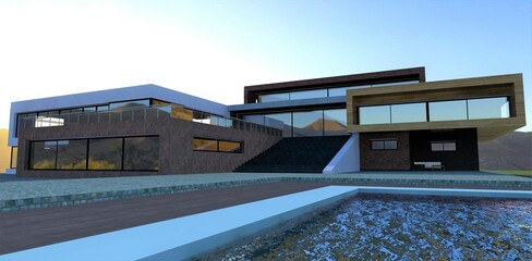 Fototapeta premium Waves in the pool in the courtyard of a luxury modern hotel. Road from a terraced board. Stone blocks natural granite. Blue sunny sky. 3d render.