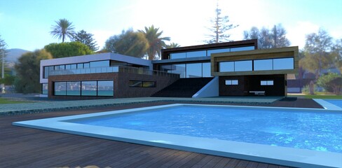 Fototapeta premium Wonderful concept of a family villa with a swimming pool on a tropical island. Terrace board, blue water, many green palm trees. 3d render.