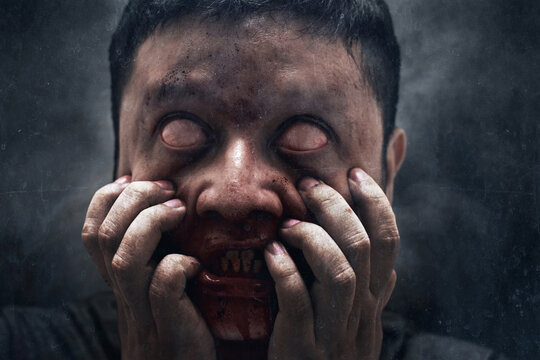 Man possessed on dark background, exorcist