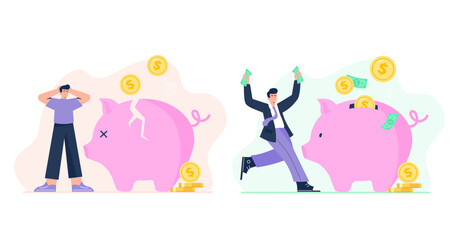 Financial concepts. Personal budget, a different relationship with money. A man who spends savings and a man who saves a lot of money. Vector flat illustrations isolated on the white background.