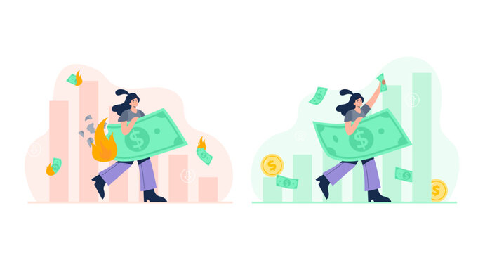 Financial concepts. Economic fall and rise. A woman loses money and savings. A woman earns and multiplies money. Vector flat illustrations isolated on the white background.