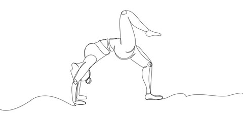 Gymnast doing a bridge exercise one line art. Continuous line drawing sports, fitness, pilates, athletics, strength, athletic, asana, athlete, acrobat, woman, gym, stretching, sexy body workout.