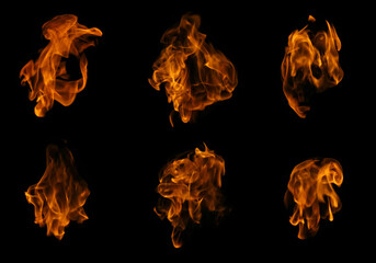 Fire collection set of flame burning isolated on dark background for graphic design usage