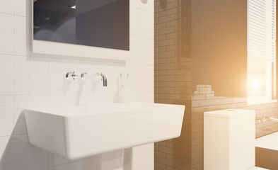 Fototapeta premium Spacious bathroom in gray tones with heated floors, freestanding tub. 3D rendering.. Sunset.