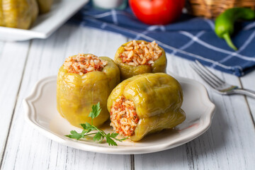 Traditional delicious Turkish food; stuffed bell peppers with meat (Turkish name; Etli biber dolmasi)