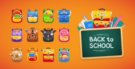 Set of Colorful School Backpacks with Chalkboard