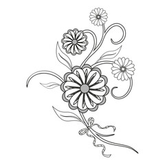 Black and white flowers branch with bow. Coloring book page. Vector illustration.