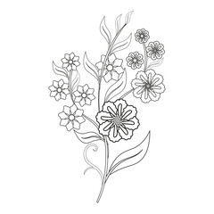 Black and white simple flowers branch. Coloring book page. Vector illustration.