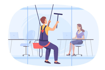 Woman working in office and industrial alpinist cleaning window. Rope access window cleaning, man in uniform at height flat vector illustration. Cleaning service concept for banner or landing page