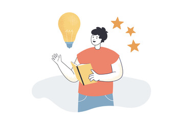 Man with light bulb and stars over head reading book. Tiny person thinking about creative idea flat vector illustration. Education, knowledge concept for banner, website design or landing web page