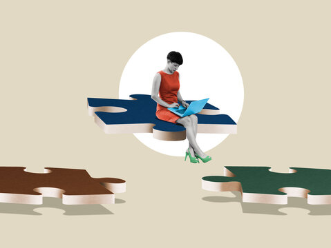 Art collage. A businesswoman is sitting on a piece of a puzzle. Business concept.