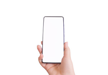 Human hand holding a phone isolated on a white background.