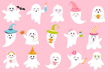 Cute pink halloween ghosts set. Creepy baby boo characters for kids. Magic scary spirits with different emotions, facial expressions and accessories. Perfect for holiday, decoration, stickers, icons.