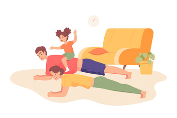 Daughter sitting on back of father holding plank at home. Parents doing exercises or workout together flat vector illustration. Family, sports concept for banner, website design or landing web page